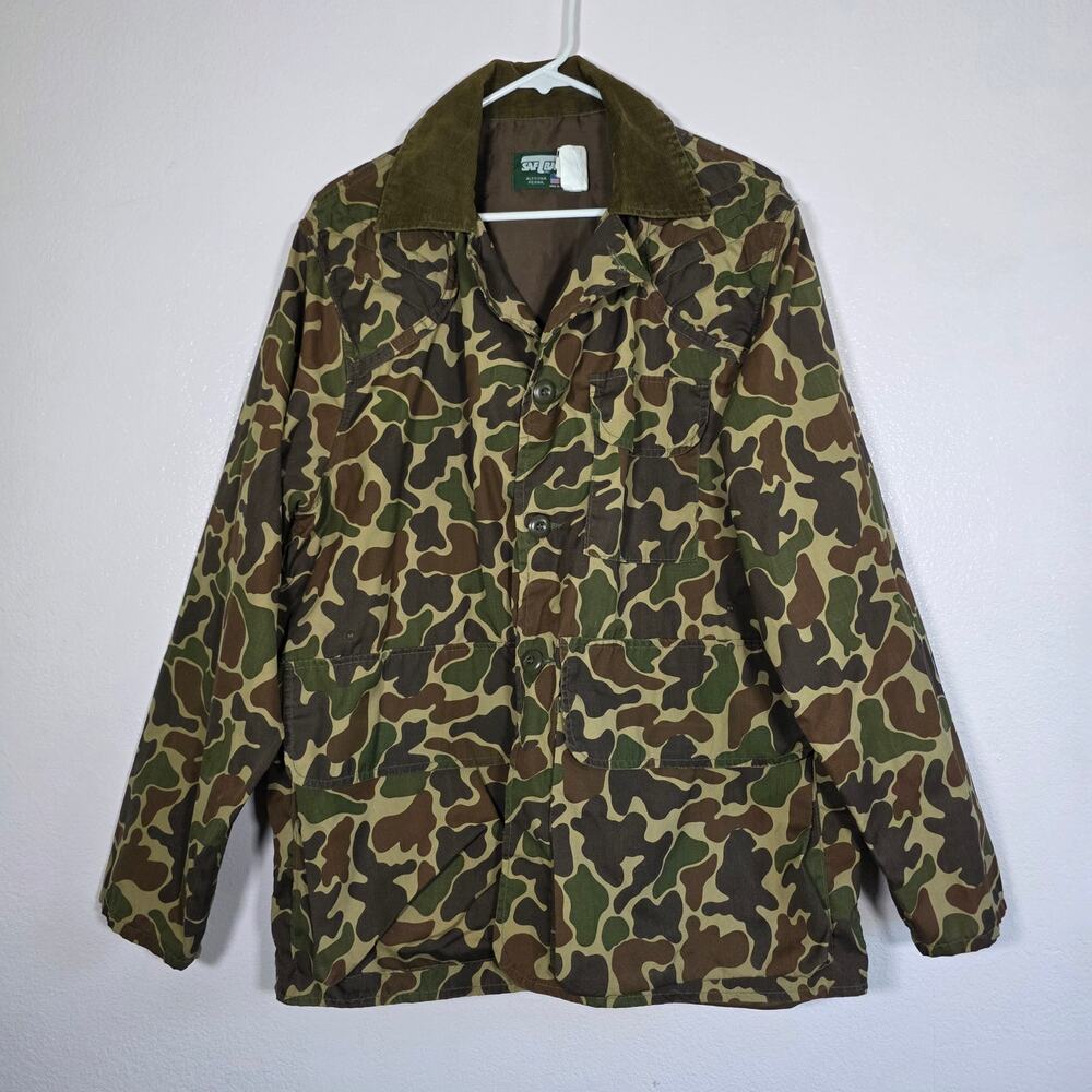 Saf-T-Bak Vintage Duck Camo Field Jacket Corduroy Collar USA Hunting Mens L